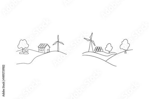 Simple line art depicting sustainable energy sources with wind turbines and solar panels