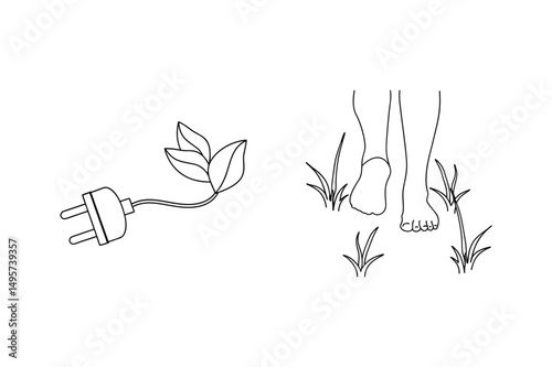 Eco friendly energy source concept depicted by a plug with leaves and bare feet in grass