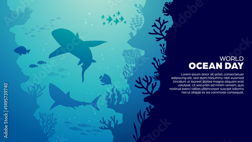 World Ocean Day Background - Deep Sea or Underwater Vector Illustration Banner For Eco-Awareness Campaigns, Environmental Posters, Nature-Themed Events, Promotions, Social Media post and Web Banner