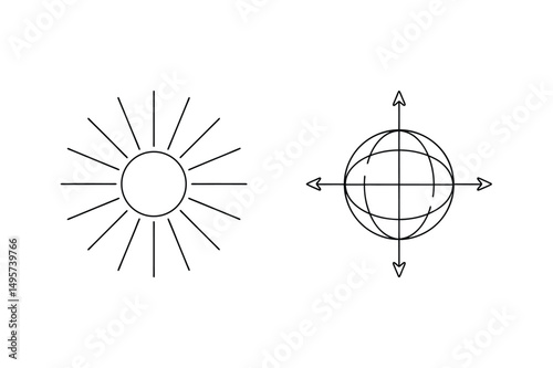 Simple linear illustrations of the sun and a globe with directional arrows on white background