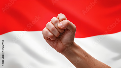 A clenched fist against the Indonesian flag, illustrating determination and nationalistic spirit.