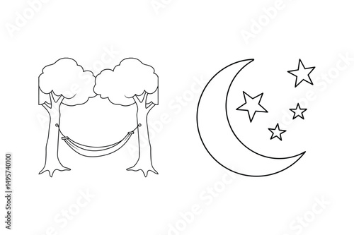 Black and white illustration of a hammock between trees and moon with stars at night