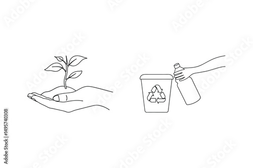 Illustrated eco friendly concept showing sustainable living planting and recycling practices