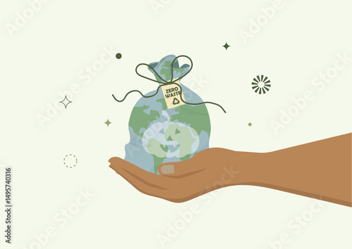 Hand Holding Earth Pumpkin Zero Waste Halloween Concept. sustainable Halloween celebrations and environmental stewardship. Eco-friendly halloween concept. Flat style. Vector illustration
