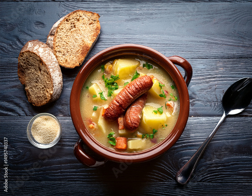 coddle with sausages bacon and potatoes served in a ceramic pot with bread slices in dublin