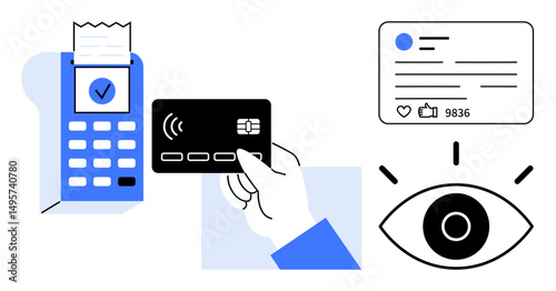 Hand holding a debit card tapping on a payment terminal, social media notification, and an eye icon. Ideal for finance, technology, e-commerce, marketing, privacy, user interaction simple landing