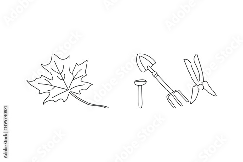 Autumn gardening tools and fallen maple leaf in black and white outline