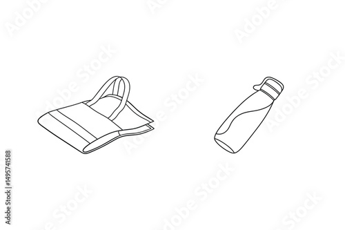 Outline illustration of a tote bag and reusable water bottle on a white background