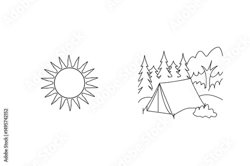 Simple line art illustration of camping tent and sun with trees in nature