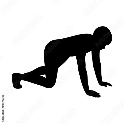 Silhouette of a person crawling or kneeling, isolated on a white background