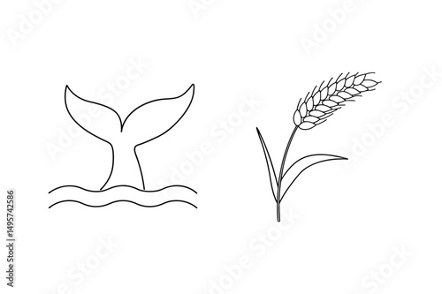 Simple line art illustration of a whale tail and wheat branch on white background