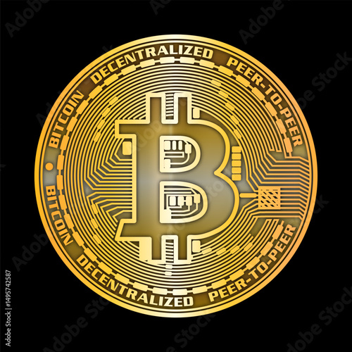 Golden Bitcoin coin that beautifully reflects light on a dark surface. 3D realistic illustration