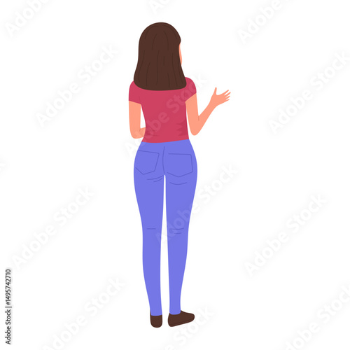 Woman standing, back view. Flat illustration of female character from behind, speaking, gesturing with hand. Flat illustration of girl turned back posture isolated. Vector illustration