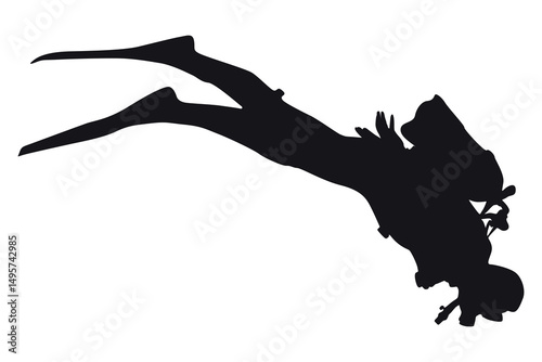 Vector art of Silhouette of scuba diver with equipment isolated on white background