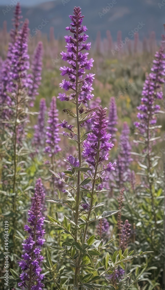 Obraz premium Lush purple sage blossoms reach for the sun, showcasing intricate flower details and vibrant color , nature, flowers, blooms