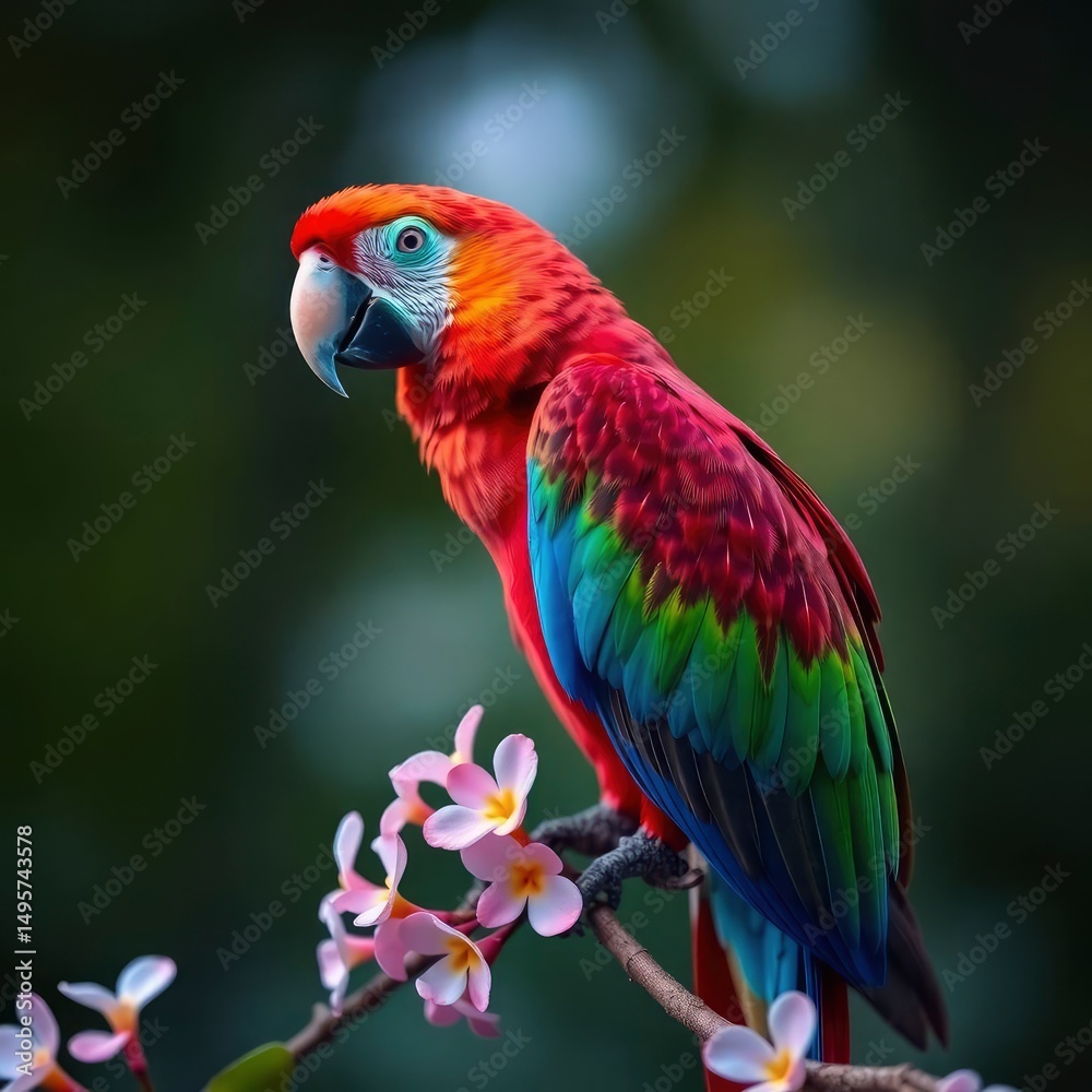 Obraz premium Scarlet Macaw Perched on Plumeria Branch: Vibrant Tropical Beauty