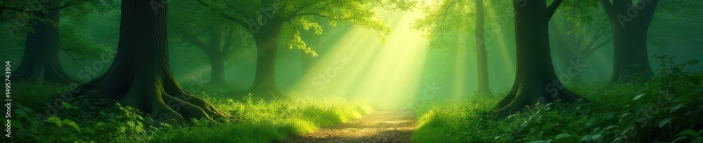 Fototapeta premium Sunbeams pierce ethereal mist in a mystical green forest, illuminating a sunlit path , sunlight, foliage