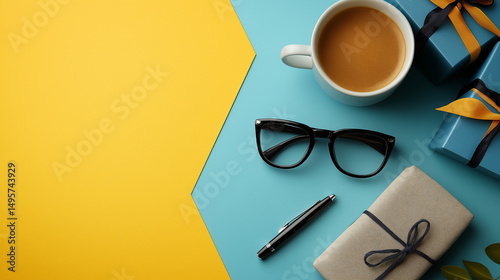 All accessories of Father's day concepts isolated on blue background which top view.