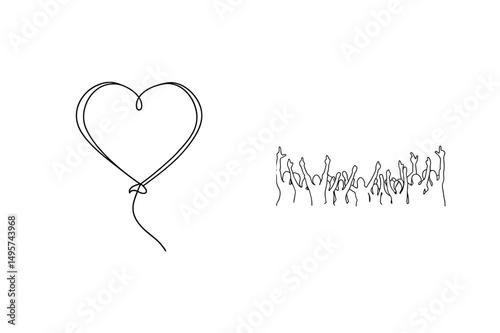 Simple line drawing featuring a heart balloon and cheering crowd silhouettes on white