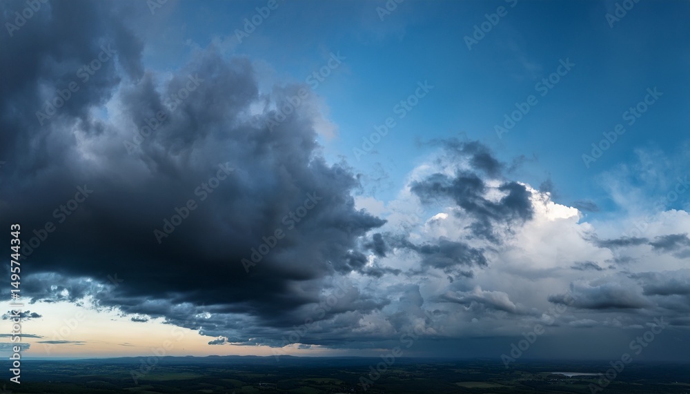 Obraz premium dramatic overcast sky at evening panoramic shot scenic blue gray clouds before the storm scenic cloudscape before the rain blue hour stormy cloudscape dark thunderstorm sky wide image