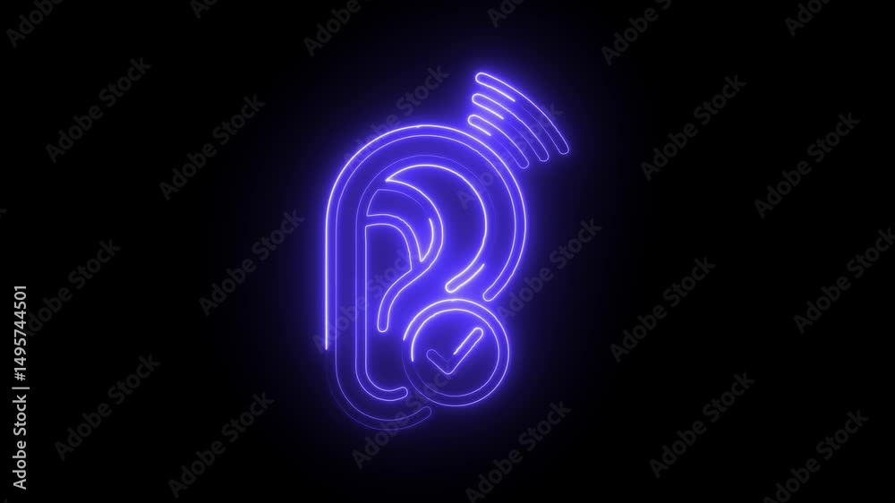 Neon ear symbol with sound waves and check mark hearing test concept Neon ear symbol with sound waves and check mark hearing test concept