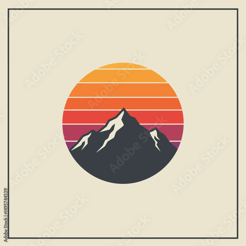 Sunset above mountains peak silhouette. Vintage styled mountain logo or sticker or poster template. Vector illustration
