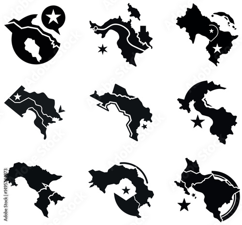 Central America and Caribbean Map Icons Set with Location Markers and Stars