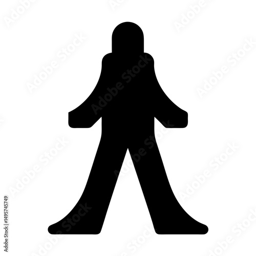 Stylized silhouette of a walking person with arms outstretched and long legs