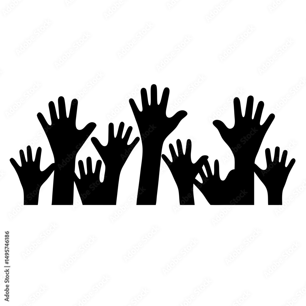 Fototapeta premium Silhouette of Many Hands Reaching Upward Suggesting Unity and Support