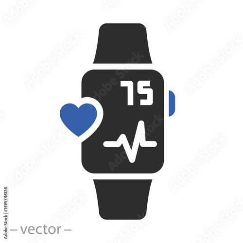 simple symbol of smart watch icon, heart rate, flat vector illustration