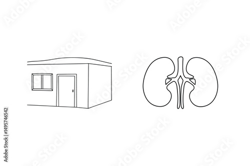 Conceptual black and white illustration of a building with the human kidney anatomical structure