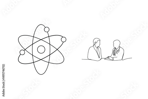 Abstract atom and doctor patient illustration minimal line art for medical concepts