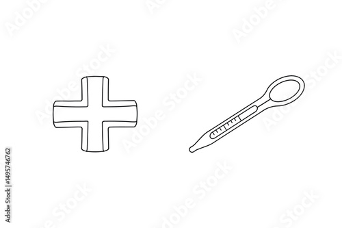 Medical health illustration featuring a cross and a thermometer in black and white