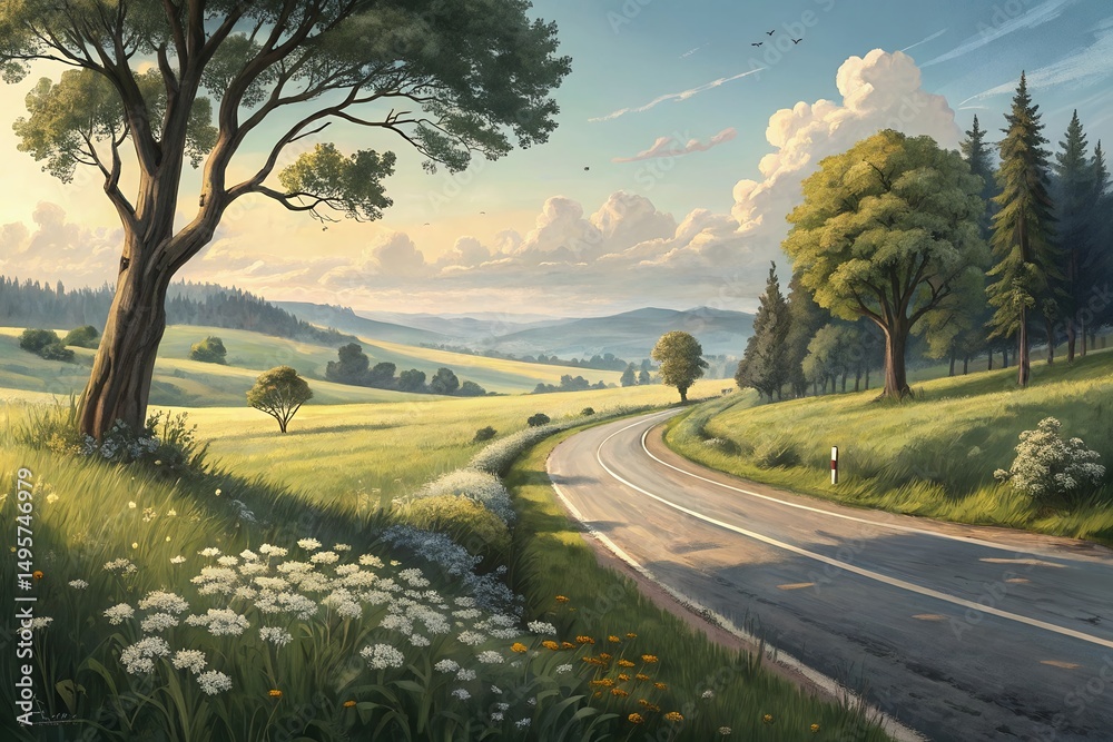 Fototapeta premium Scenic Country Road Winding Through Lush Green Landscape