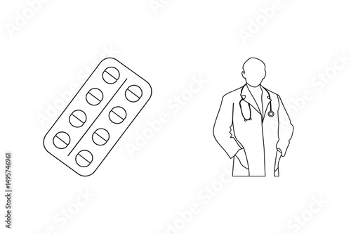 Black and white outline illustration of a doctor and a pack of pills for medical concepts