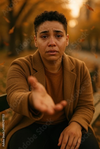 Emotional multiracial person crying and reaching out on a park bench during autumn, surrounded by falling leaves