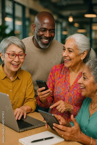 Group of multiethnic senior adults smiling and collaborating with digital devices in a modern office