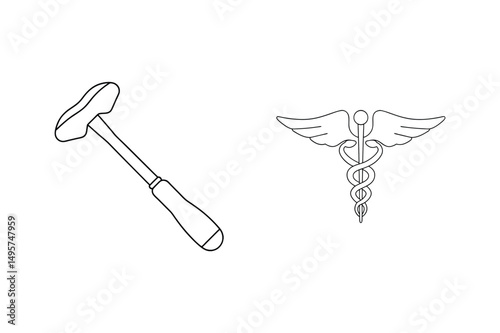 Minimalist medical outline illustration featuring a reflex hammer and caduceus symbol on white background