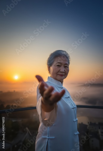 Elderly East Asian woman practicing tai chi at sunrise on a mountain balcony