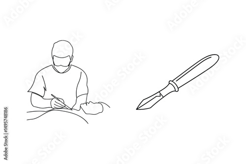 Minimalist line art illustration of surgeon performing surgery with scalpel and patient
