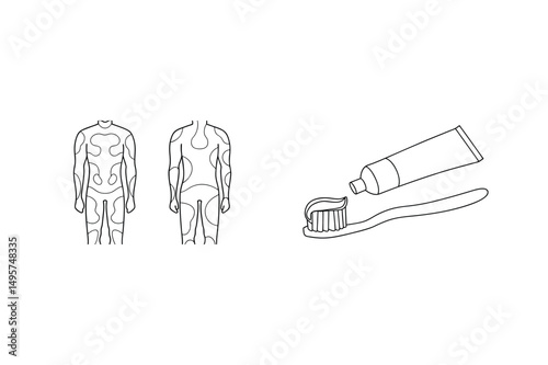 Outline illustrations of human bodies and tooth cleaning elements in minimal black and white styles