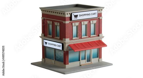 Miniature Brick Building Model with Shopping Cart Sign