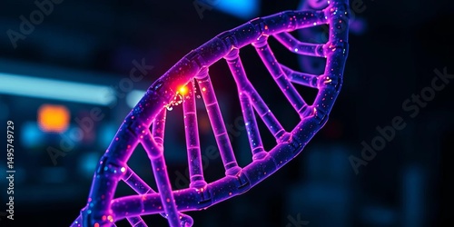 Close-up of DNA model illuminated in dark lab, revealing intricate double helix structure, dark, laboratory
