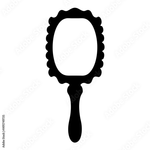 Antique Hand Mirror with Ornate Frame and Handle Silhouette Illustration