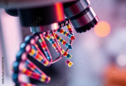 Close-up of DNA model under lab microscope, showcasing genetic research,  researcher,  medicine