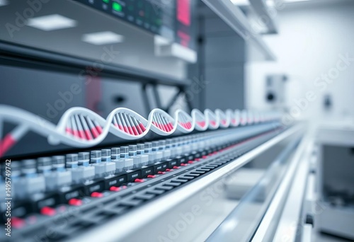 Close-up of DNA sequencer; sleek, modern biotech lab equipment,  analysis, genome