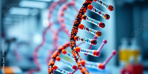 Close-up of DNA model, lab setting, biotechnology research, discovery, data