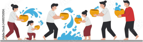 set of Songkran Festival Celebration Illustration. people at  Songkran Festival
