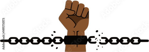 Juneteenth Emancipation Day, Fist raise up breaking chain.
