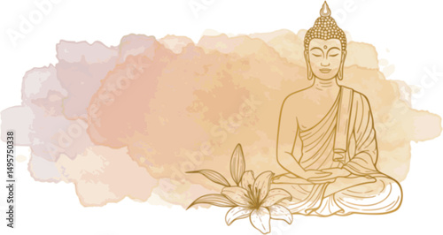 Abstract watercolor background with Buddha, gold texture and hand drawn Lily flower. Vector illustration PNG